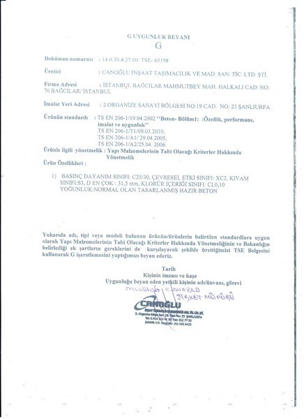 G Uygunluk Beyanı G Uygunluk Beyanı